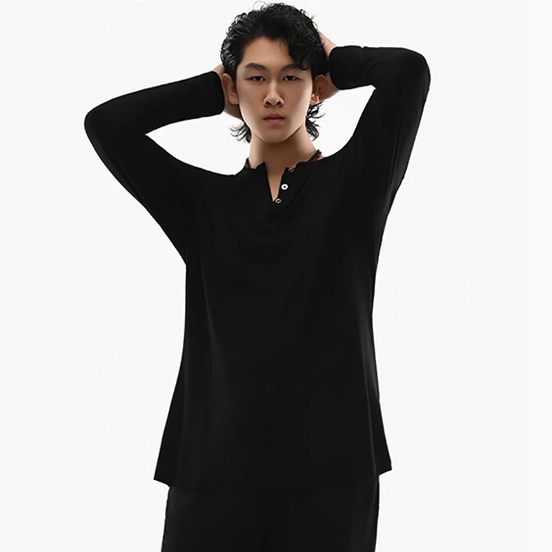 

Новая мужская одежда для латинских танцев, черные топы с длинными рукавами, футболка с V-образным вырезом, одежда для сальсы для взрослых мужчин, спортивная одежда DNV26284