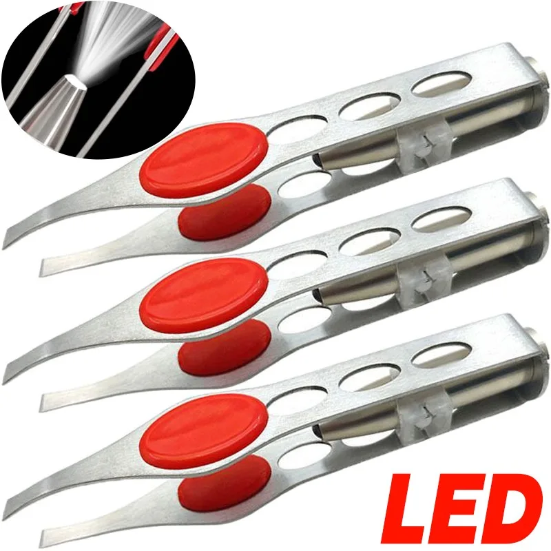 Roestvrijstalen pincet met LED-verlichting Valse wimpers Wenkbrauwclip Make-uptools Gezichtsontharing Hoekpunt Puntige punt