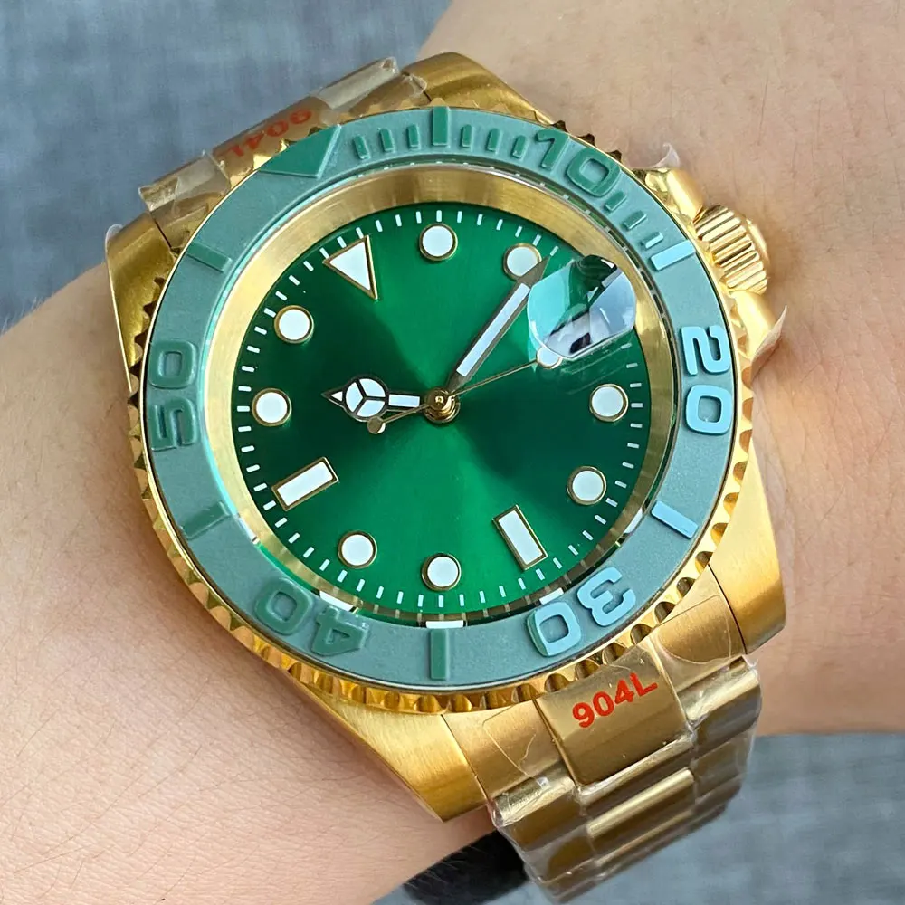 

Роскошные мужские часы 40 мм, полностью желтое золото, NH35A, автоматические часы из нержавеющей стали, сапфировое стекло, зеленый циферблат с солнечными лучами