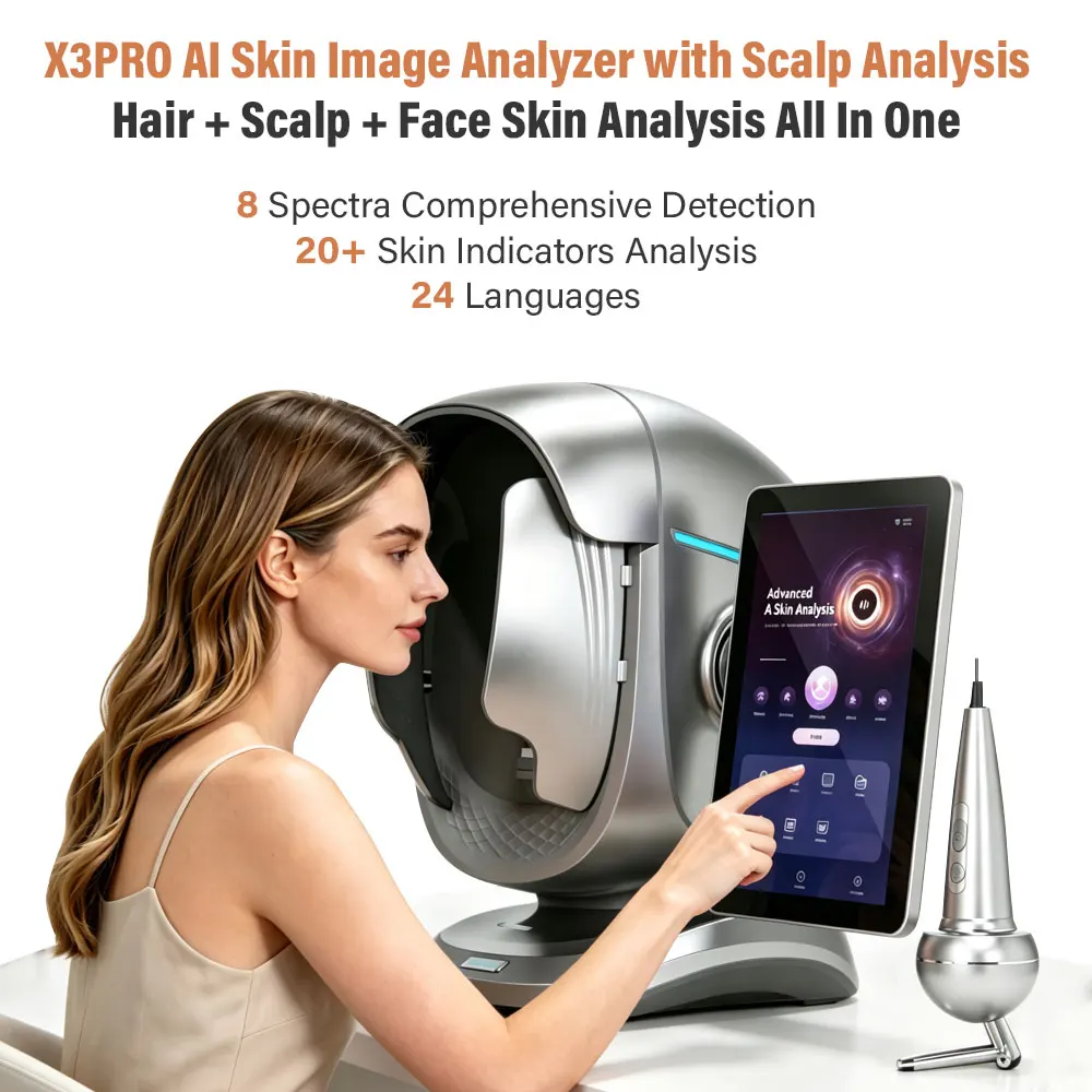 Newest X3 Pro AI Skin Image Analyzer Face Scalp Analysis Machine With 20 Indicators Analysis 8 Spectra Imaging