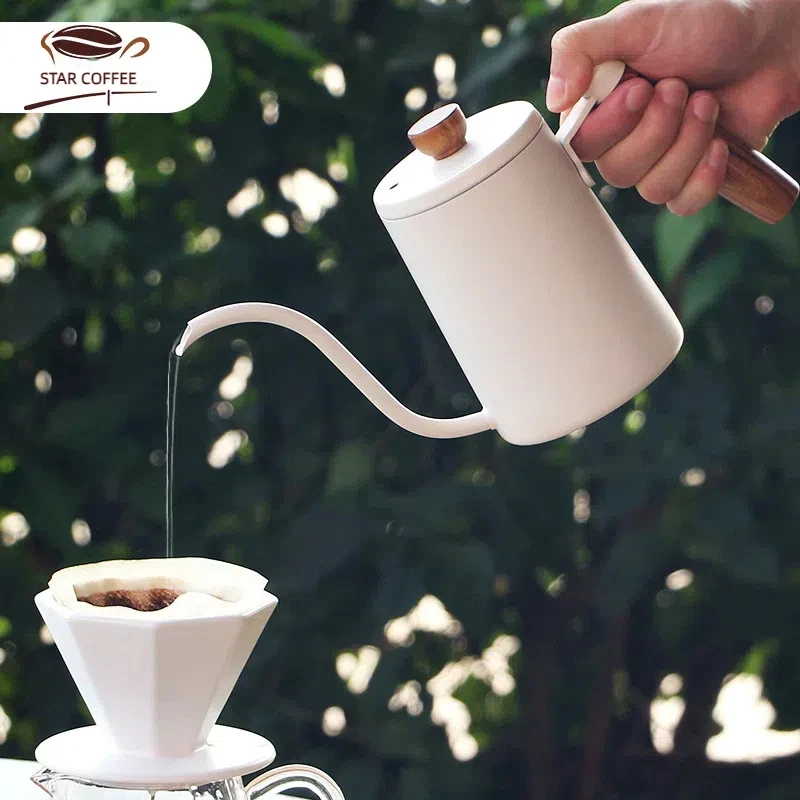 Coffee Hand Brewing Pot Solid Wood Handle Slender Mouth Swan Neck Pot Hanging Ear Pot Drip Coffee Pot 600ml