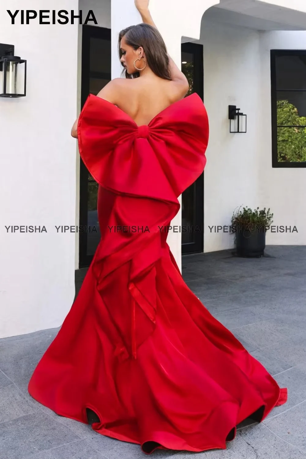 

Customized Sweetheart Mermaid Prom Dress with Big Bow Long Evening Gown Red Satin Formal Party Dance Wear 2026 Vestido de Festa
