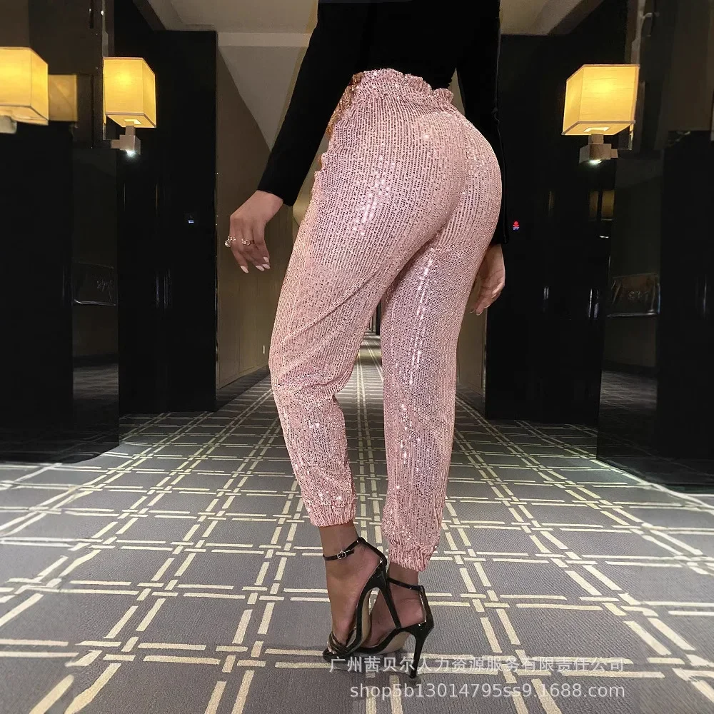 Women Spring Summer Trouser Pants Pencil Pants Solid Color Lace-up Sequins Casual Fashion Comfortable Regular Standard Fit Pants