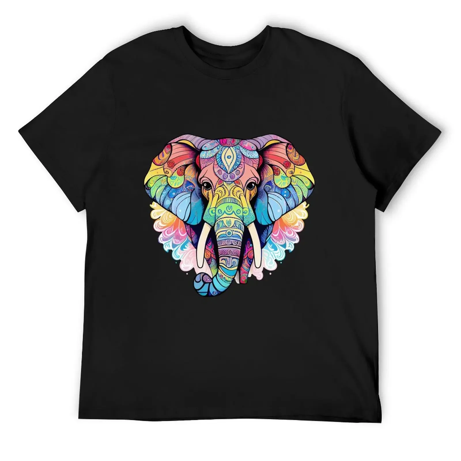 

Elephant colorful mandala T-Shirt summer 2025 cotton graphic tees Luxury man plain black t shirts men
