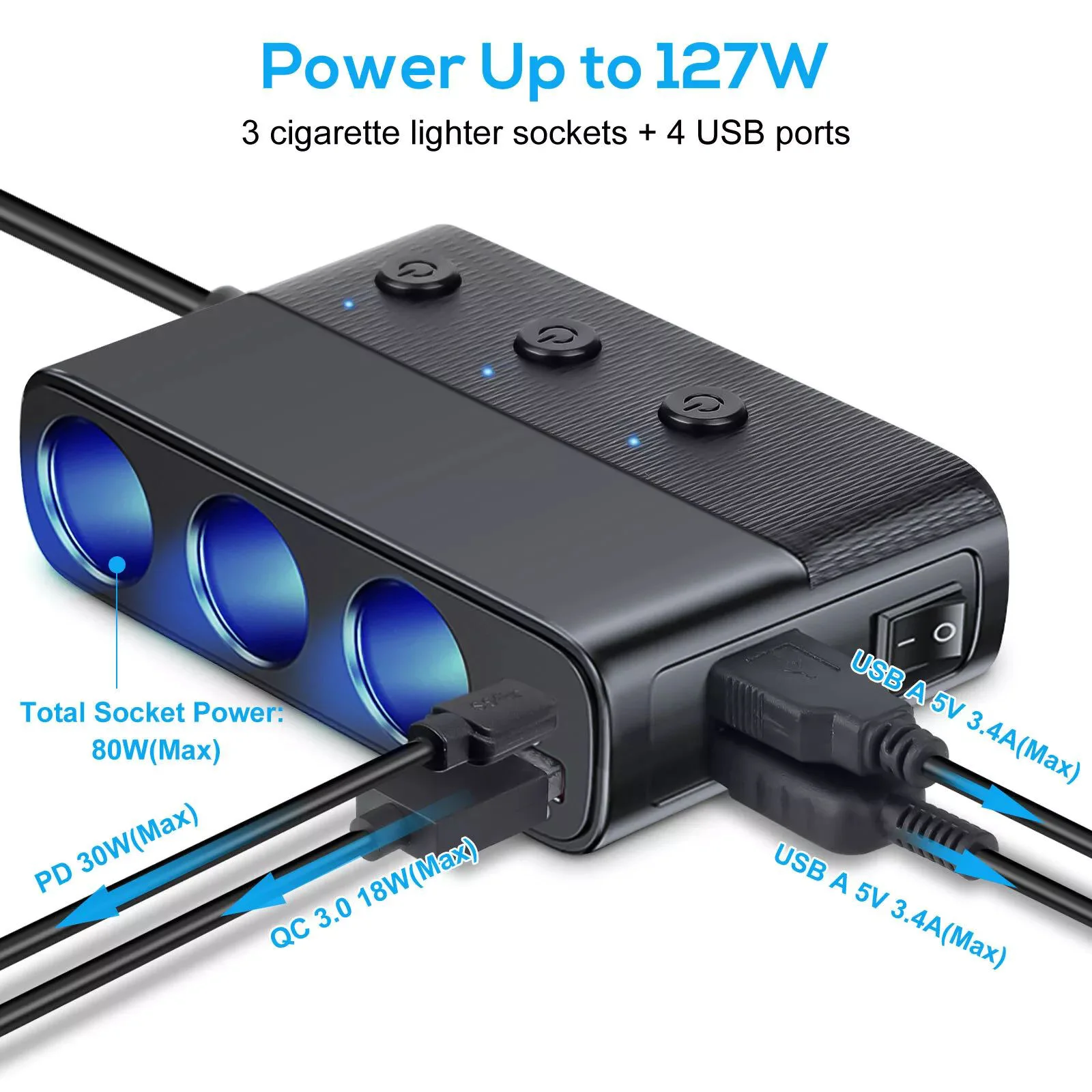 1PC 3 Socket Car Charger Splitter 12V/24V with PD30W QC3.0 USB C, LED Voltmeter & Independent Switches for GPS Dash Cam Phone