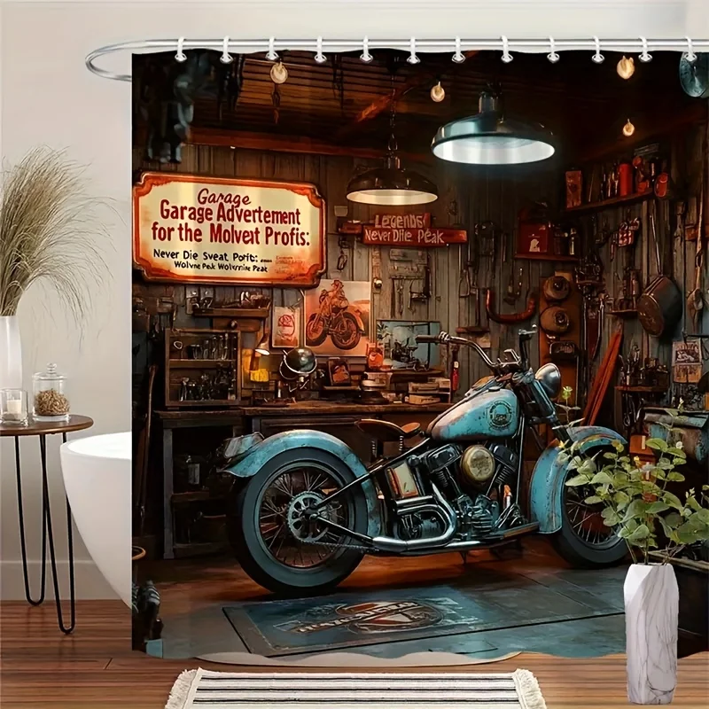 1pc Retro Motorcycle Garage Scene Shower Curtain - Retro Workshop Design, Blue Bicycle Tool, Multiple Size Options, Includes 12