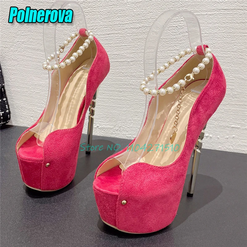 

Замшевые туфли на массивной платформе 16 см, летние, новые, с открытым носком, с жемчужной цепочкой на щиколотке, ажурные, на шпильке, модные, для вечеринок и ночных клубов