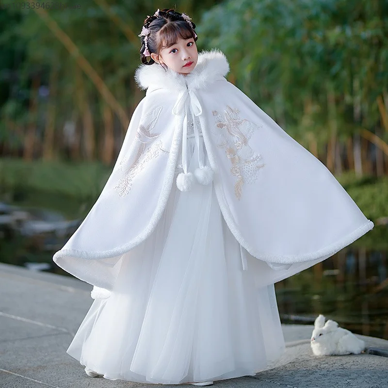 

Winter Warm Thick Hanfu Cloak Girls Chinese Traditional Embroidery Velvet Cape Cloak Cosplay Costume Hanfu Red For Children