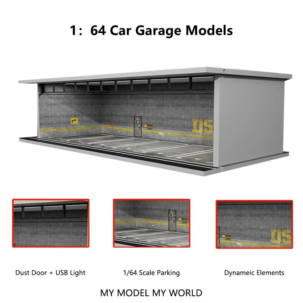 더 많은 예술 1/64 모델 주차 공간 로트 디오라마 자동차 주차 공간 조명 시뮬레이션 장식 장면