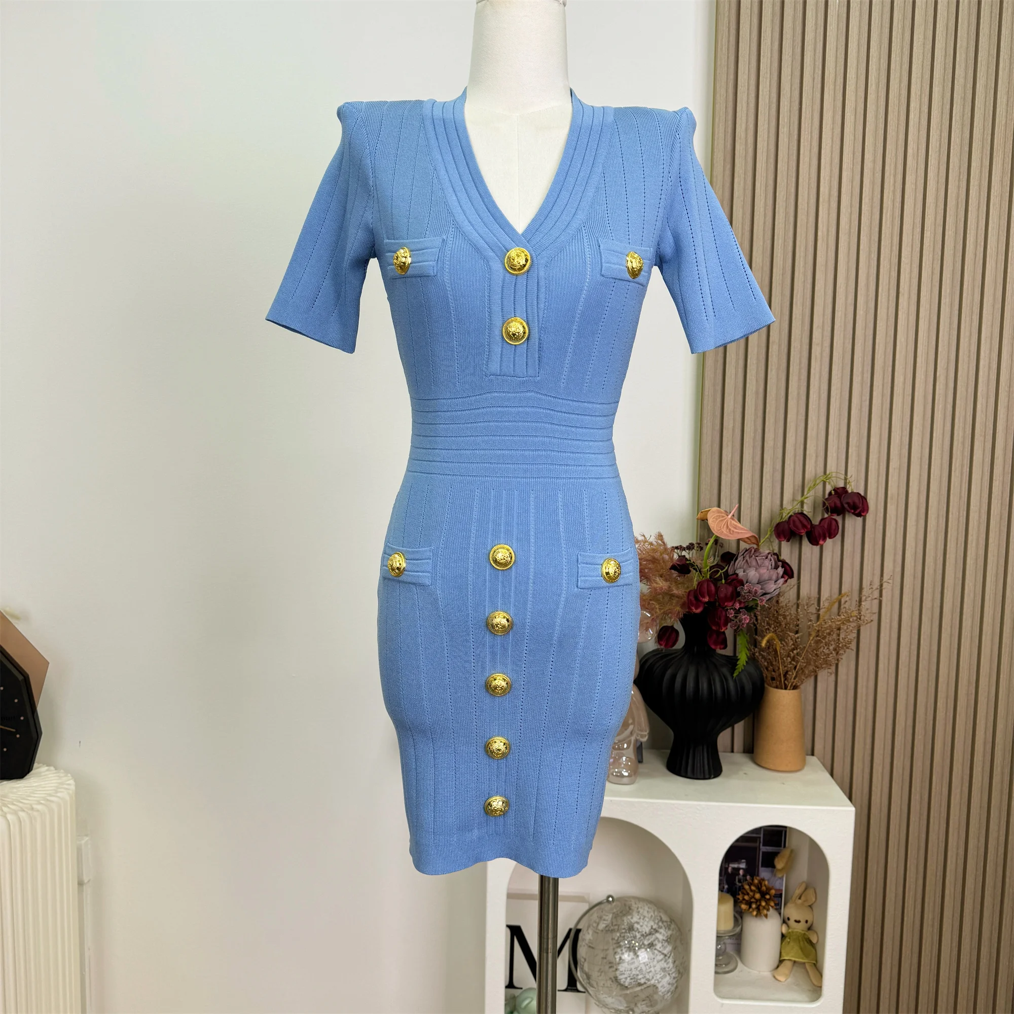 

High Quality Fashion High Elastic Knitted Back Zipper V-Neck Button Short Sleeve Slim Fit Casual Women's Dress Vintage Dress
