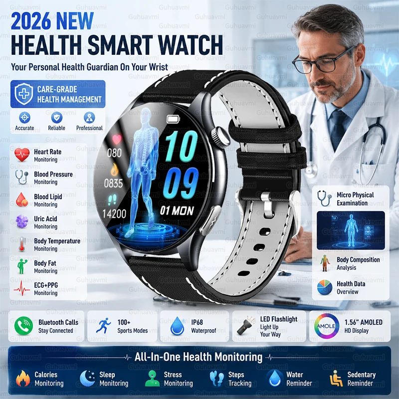 2026 New Health Smart Watch Men 1.56"AMOLED ECG Blood Pressure Fats Uric Acid Fitness Tracker BT Call IP68 Waterproof SmartWatch