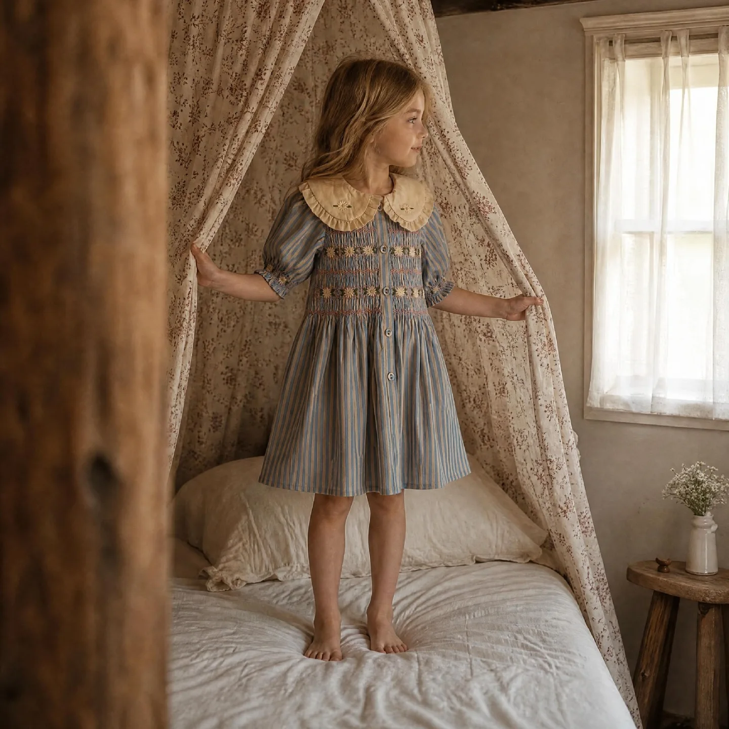 Instant availability! Children's dress 26 summer BD girls' embroidered gathered blue and white striped puff-sleeve blouse dress