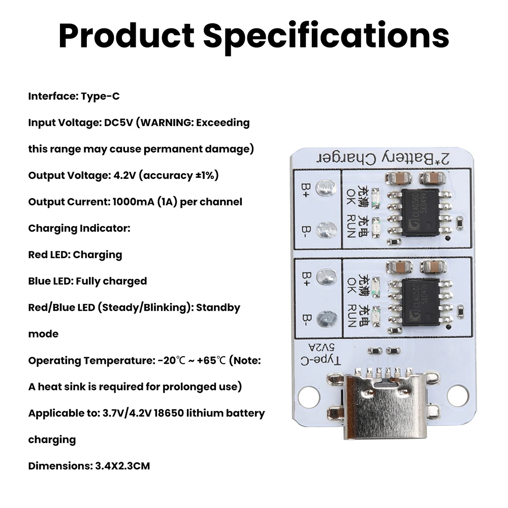 

Dual Channel Lithium Battery Charging Module DC 5V 1A Type-C LED Indicator Safe Protection for 18650 Batteries 3.7V 4.2V