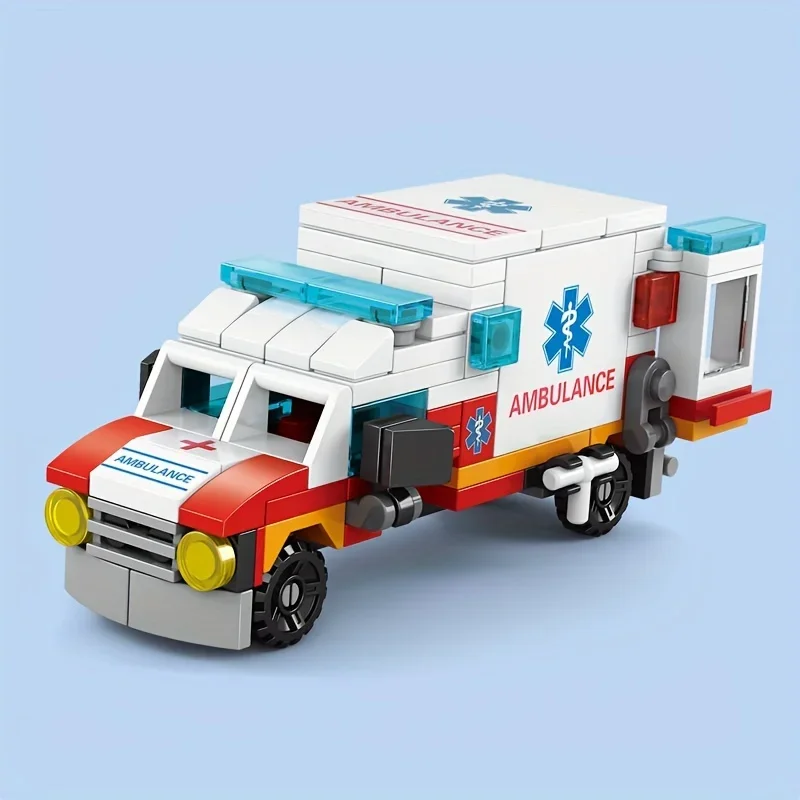 122pcs 6 in 1 Ambulance Escort Car Helicopter Paramedic Doctor Mini Loader Truck Building Blocks Sets Bricks Toy City