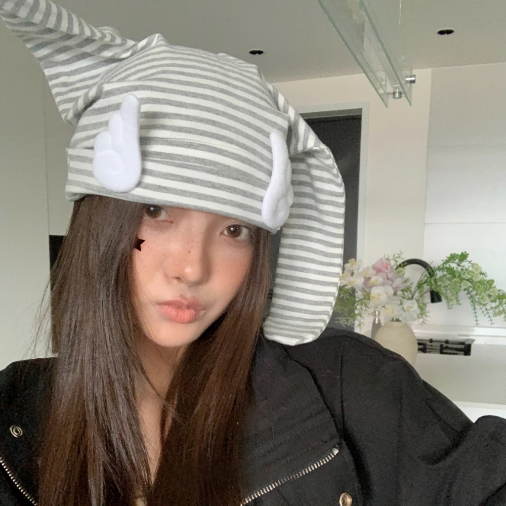 Y2K Cute Subculture Rabbit Ears Hat Millennium Style Sweet Cool Niche Personalised Pullover Hat Funky Striped Winged Wrap Hat