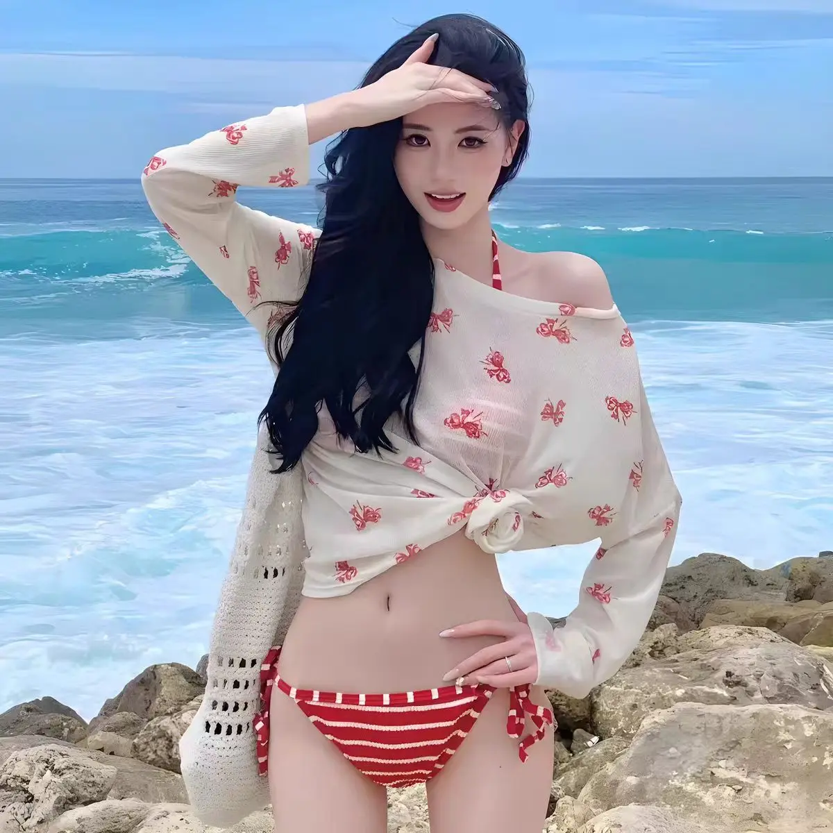 

Red Stripe Bikini 3 Piece Set Push Up Sweet Cute Sexy Thong Sun Protection Cover Up Vacation Swimsuit