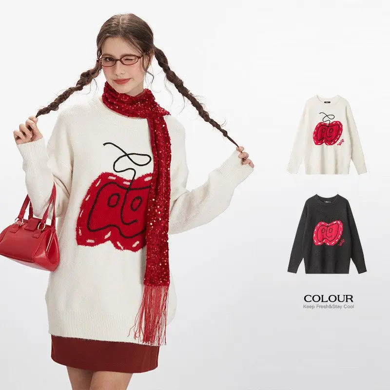 

HeyHenry2024, осенне-зимний свободный вязаный свитер, женский круглый трикотаж с вышивкой, модный брендовый свитер для пар