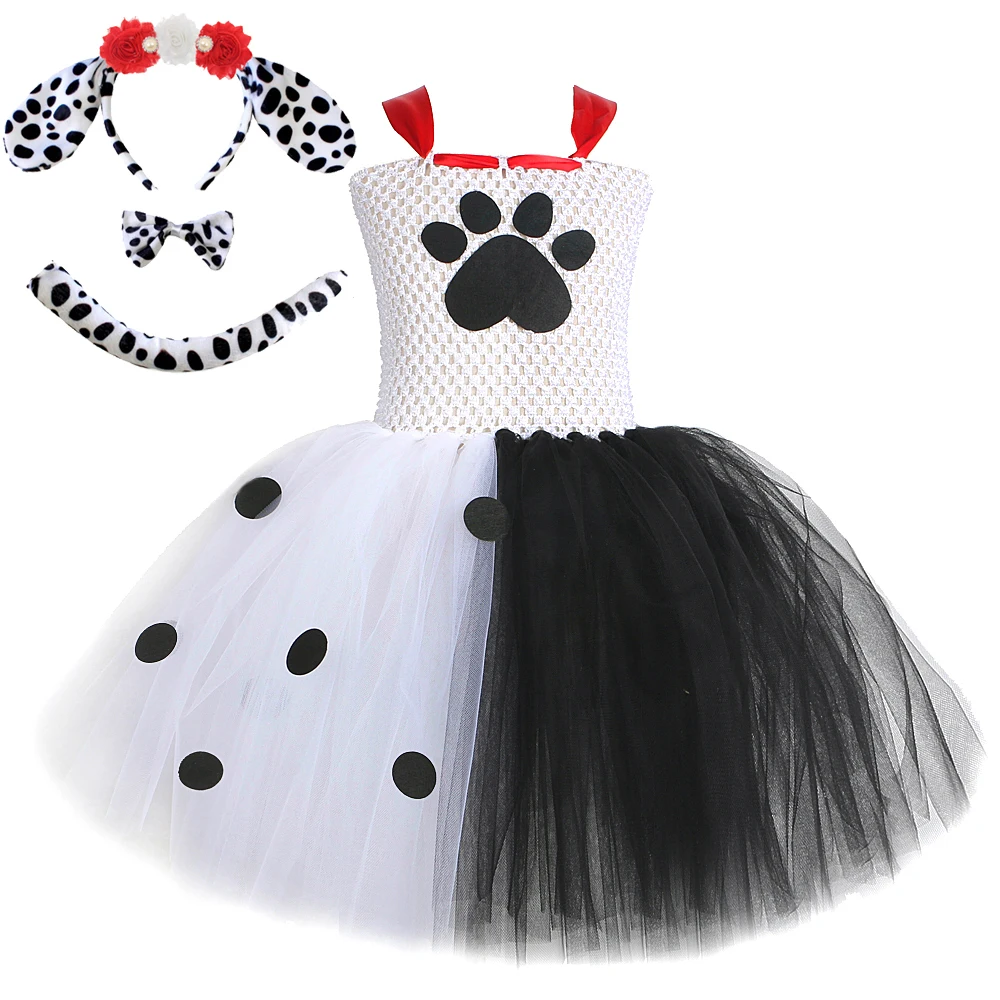 White Black Dalmatians Dog Tutu Dress Girl Cruella Villain Halloween Costumes for Kids Toddler Animal Puppy Outfit Clothes Set