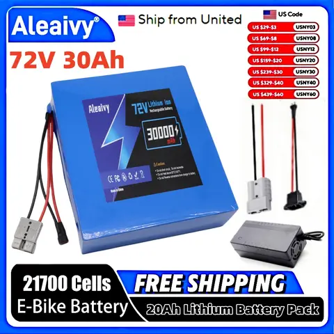 Aleaivy 72V 30Ah Electric Bike Lithium Battery Pack 30000mAh Li ion Ebike Battery for Bicycle Scooter Motorcycle with Charger