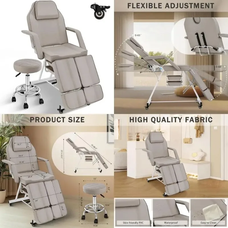 

Gray Tattoo Chair for Client Split Leg, Tattoo Bed Table with Rolling Stool on Wheels, Adjustable Esthetician Lash Spa Facial Ch