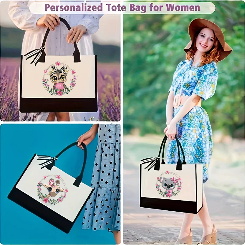 Pink Wreath Animal Shopping Bag Flower Printed Women's Shoulder Bag Large Natural Eco friendly Cotton Shopping Bag