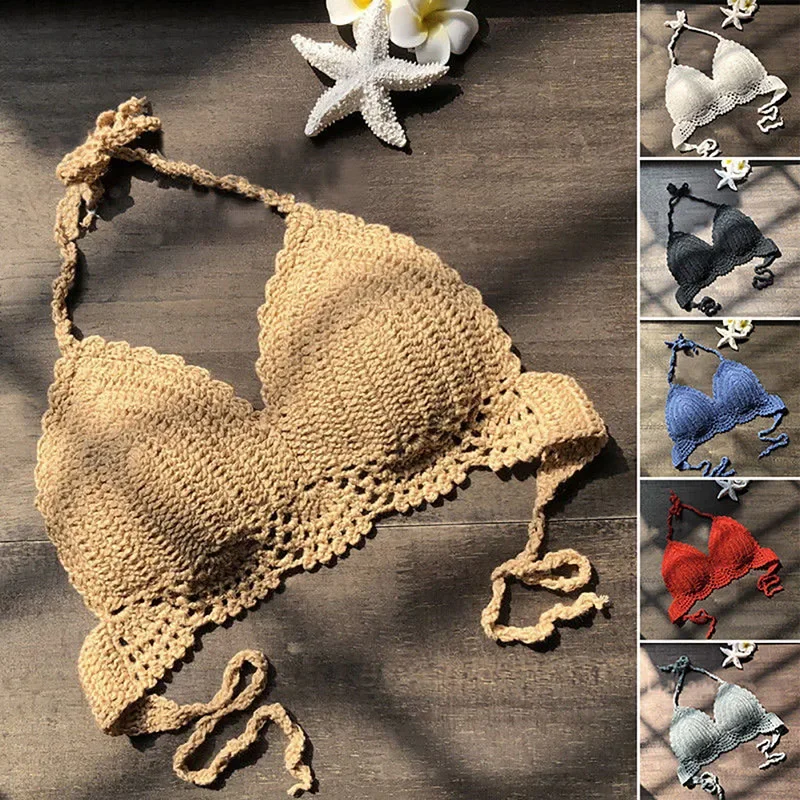 

Micro Bikini 2020 Women Handmade Crochet Knit Swimwear Halter Patchwork Bathing Suit Swimsuit Biquini Thong Bikini traje de bano