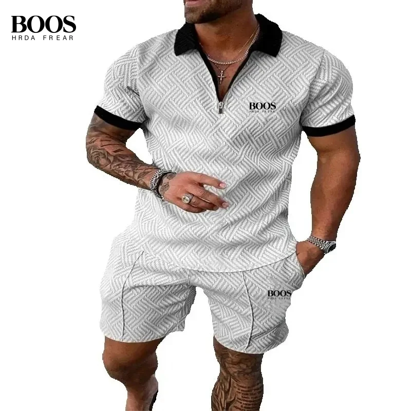 Summer Men's High-Quality Half Zipper Polo Shirt+Casual Shorts Set
