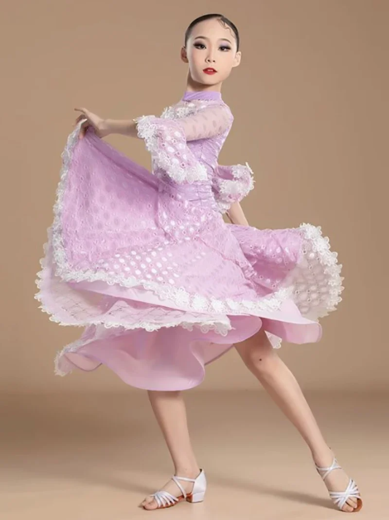 Paars Kant Wals Tango Ballroom Jurk Kinderen Meisjes Professionele Prinses Grote Visgraat Rokken Moderne Dansen Danskleding Kostuums