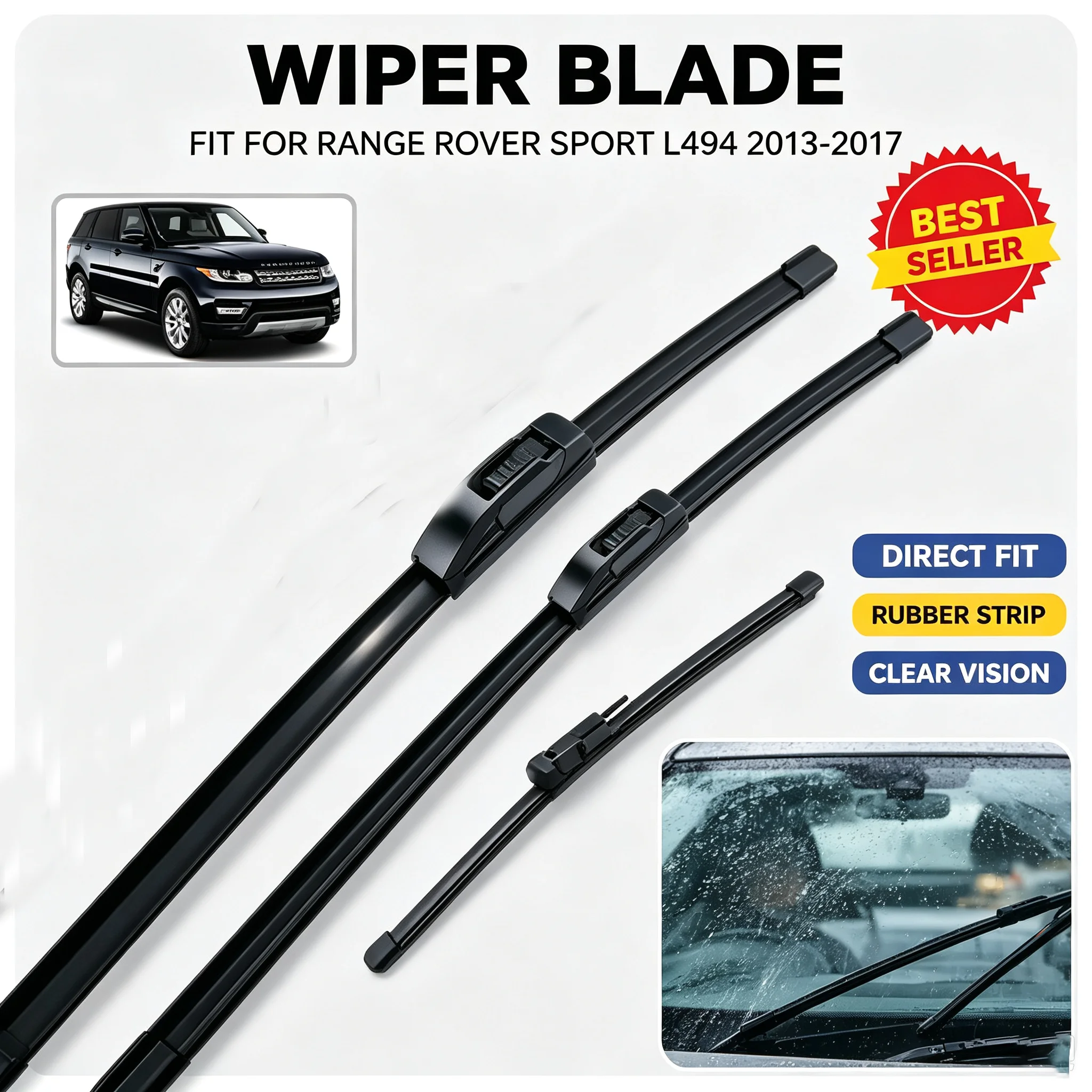 For Land Rover Range Rover Sport MK2 L494 2013-2017 Car Front Rear Windshield Wiper Blades 3PCS Durable Rubber All Weather Clear