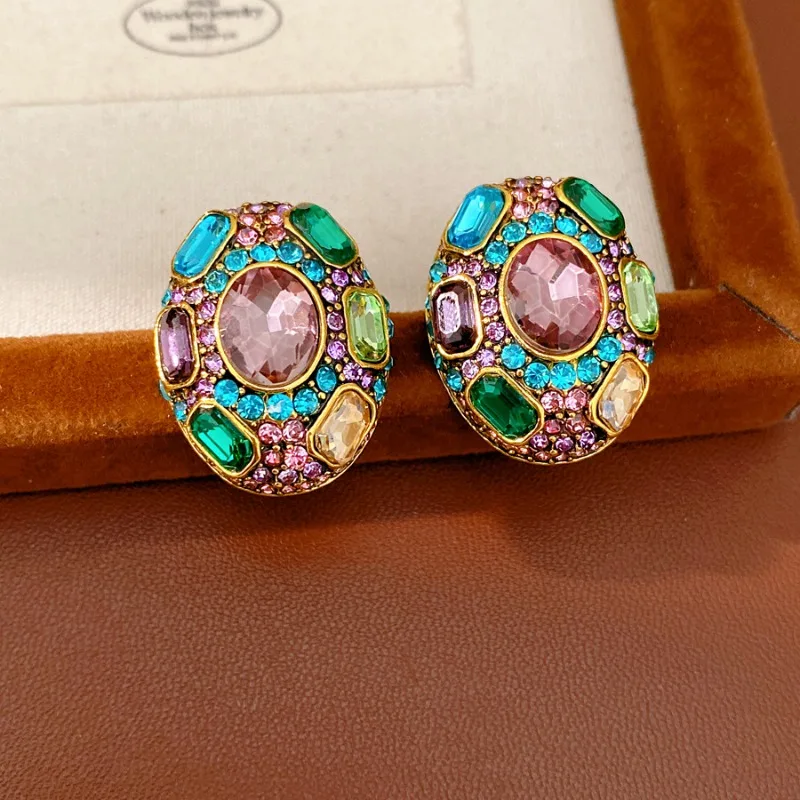 Colorful Zircon Round Floral Stud Earrings for Women, Medieval Palace Vintage Elegant Jewelry, Wedding Bride Ornaments