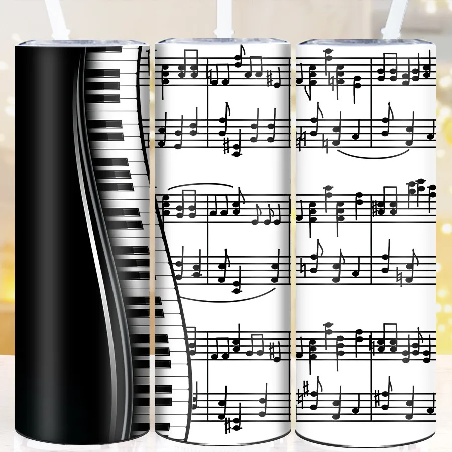 

Прямые кофейные чашки из нержавеющей стали, 20 унций, соломенная крышка, 3D-принт, пианино, нота, горячие и холодные изолированные кружки для вечеринок, праздничные вакуумные стаканы