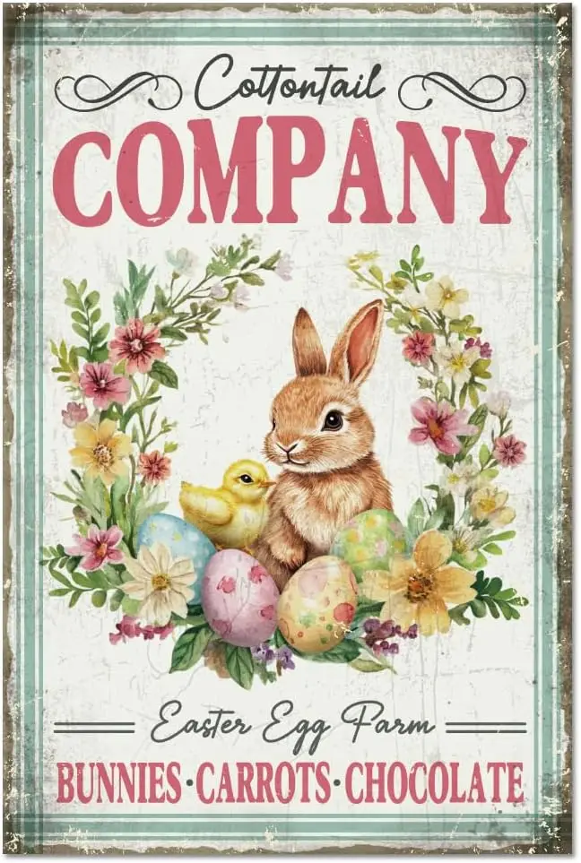 GLOBLELAND Letrero Metálico de Conejo de Pascua, Letreros Vintage con Pintura de Huevos de Conejo, Guirnalda Retro, Póster de Pared, Placa Decorativa para el Hogar y la Oficina