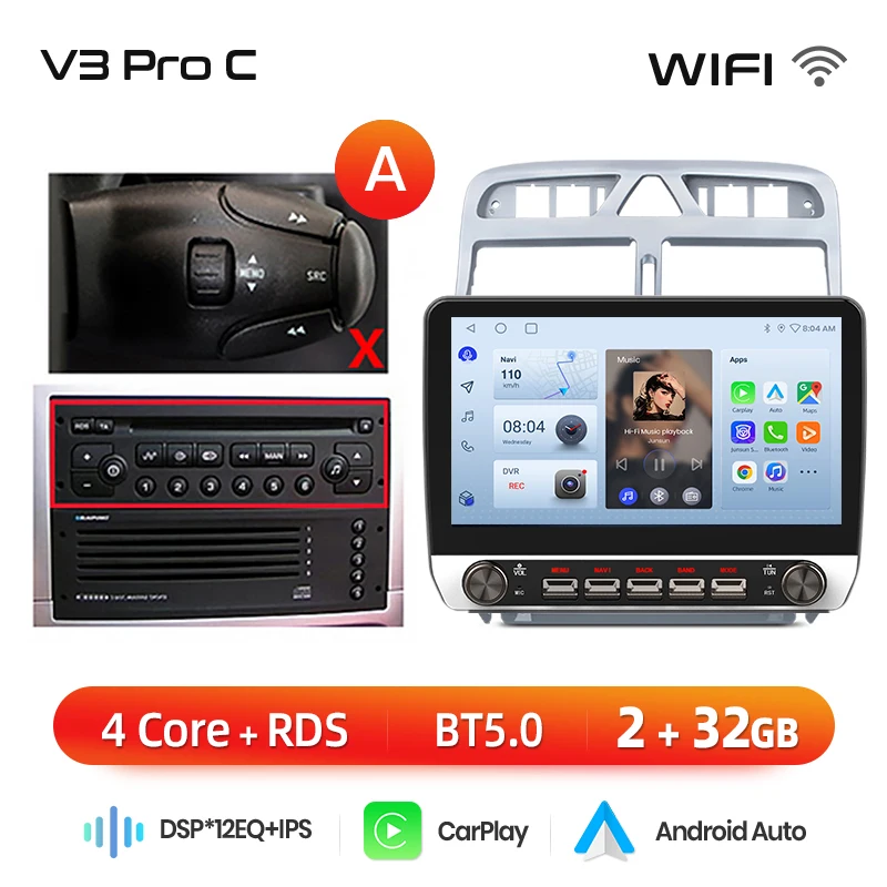 Junsun 10.1 "Draadloze Carplay AndroidAuto Autoradio voor Peugeot 307CC 307SW 2002-2013 radio met knoppen Bluetooth GPS 4G DSP