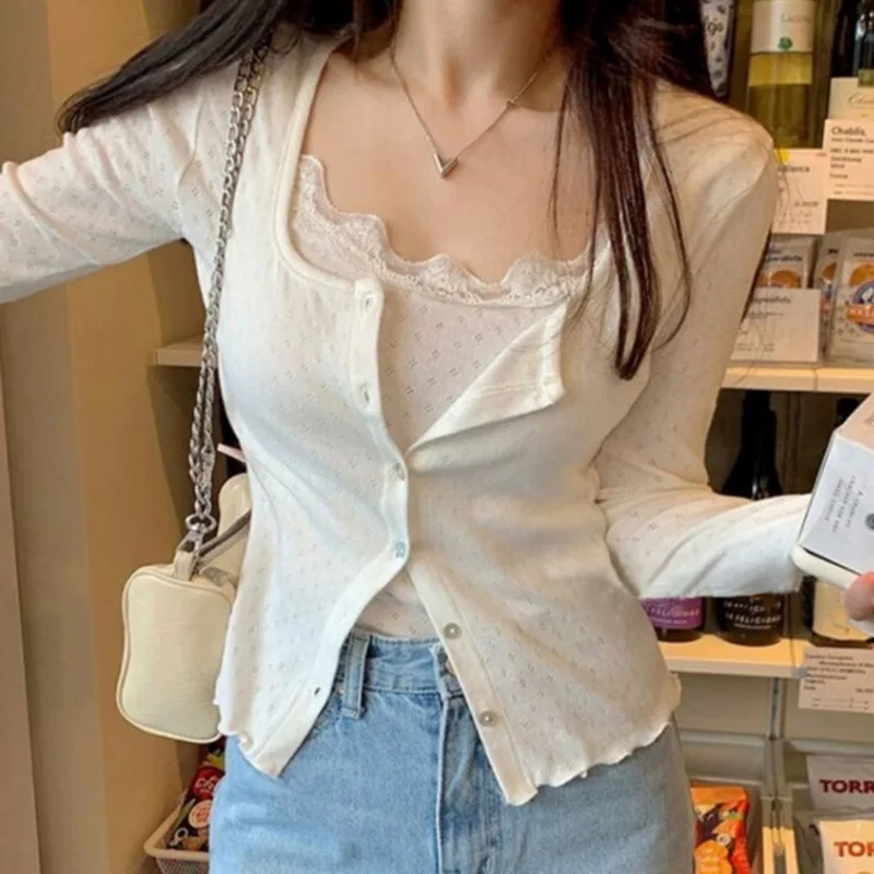 Casual Street Knitted Hollow Breasted Top Two-Piece Set Lace Lace Spaghetti-Strap Vest Slim-Fit Solid Color Coat