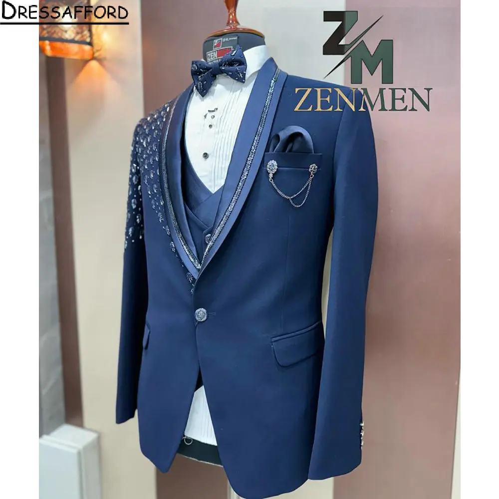 Blue Crystal Beading Groom Wedding Tuxedos Formal Suits Men Custom Made Black Prom Blazer Sets Male Fashion