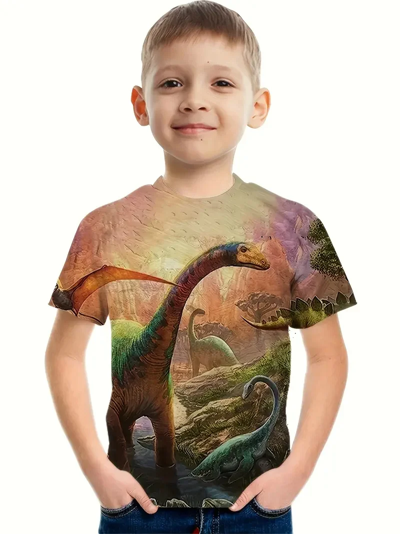 T-shirt manches courtes pour enfants, vêtement décontracté, rétro, impression 3D, mode, animal, garçon, 2024