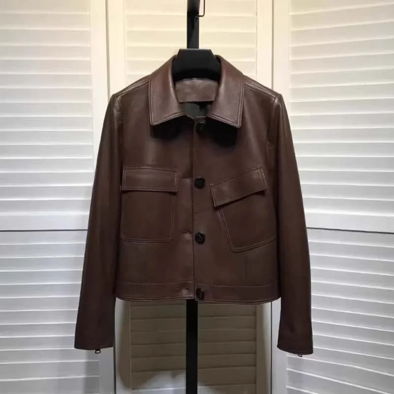 Turn-Down COLLAR เสื้อผ้าผู้หญิงเสื้อฤดูใบไม้ผลิ 2024 ใหม่มาถึง SINGLE Breasted Import Real Sheepskin JACKET กระเป๋าตกแต่ง