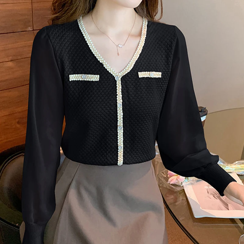 Autumn New Elegant Fashion Office Lady Glamorous Minimalist Chic Shirt Commuter Women V Neck Button Long Sleeve Loose Casual Top