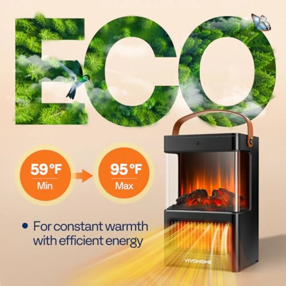 Portable Electric Fireplace Space Heater With Realistic Flame & Log Effect, Remote Control, Touch Panel, Timer, Safe Indoor Warm