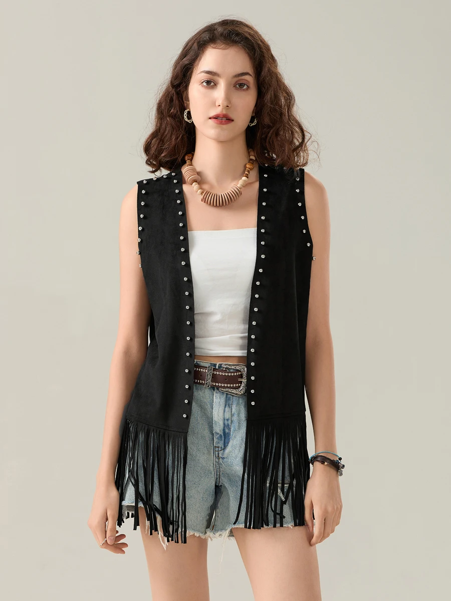 Women s Tassel Sleeveless Vest Rivet Open Front Sleeveless Long Jacket Hippie Streetwear