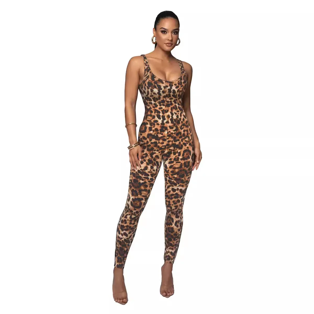 New Trendy Snakeskin Leopard Print Plunging Neckline Slinky Bodysuit Summer Women Slim Jumpsuits Pants