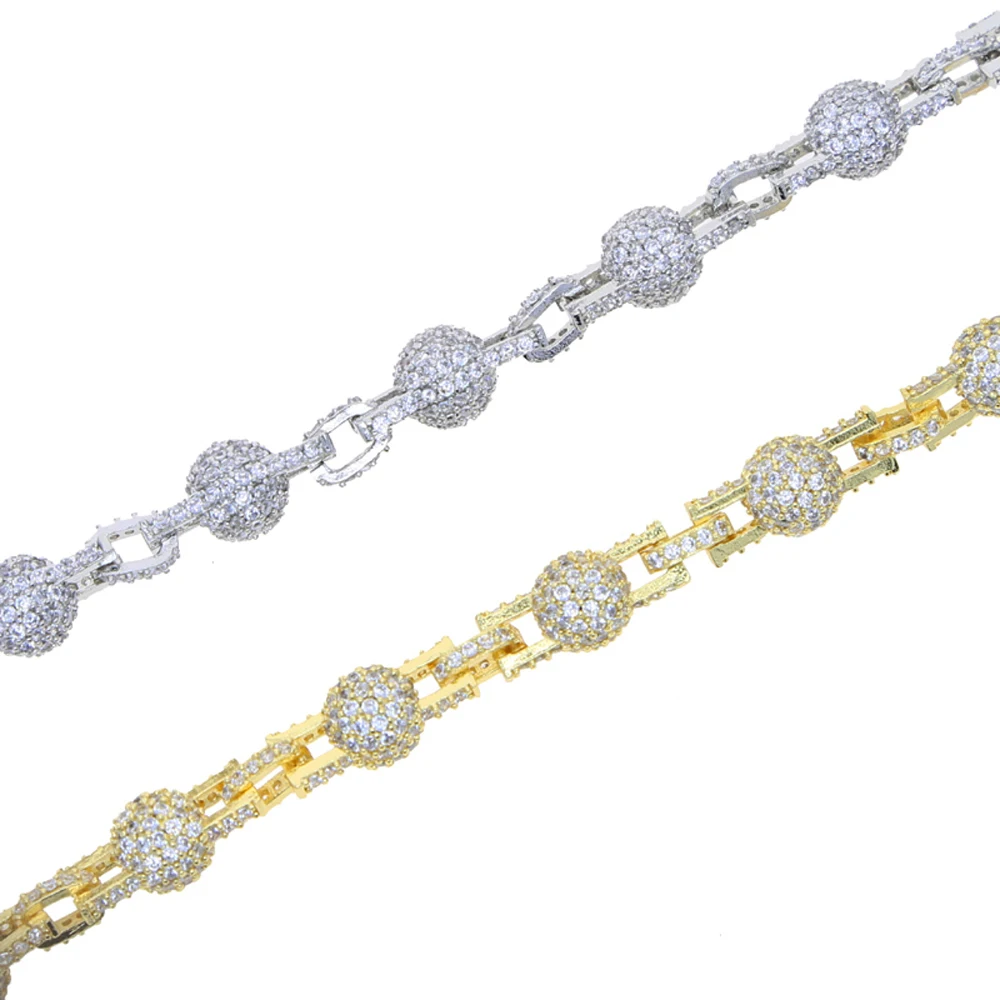 New Iced Out Solid 7mm Round Bead Necklace Chain Gold Color Hip Hop Link Bling Full Cubic Zirconia Men's Rock  Jewelry