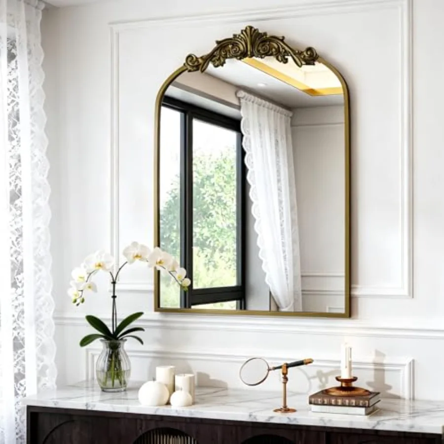 

Antique Arched Wall Mirror 22"x30" Bathroom Mirror - Baroque Metal Frame Brass Mirror for Living Room Bathroom Fireplace Entryw