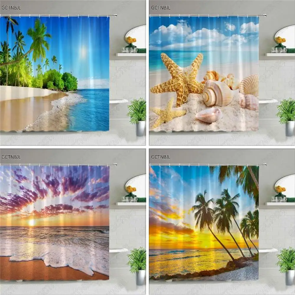 Ocean Animal Beach Rainbow Parrot Dolphin Palm Tree Sea Scenery Shower Curtain Bath Screen Waterproof Fabric Bathroom Curtains