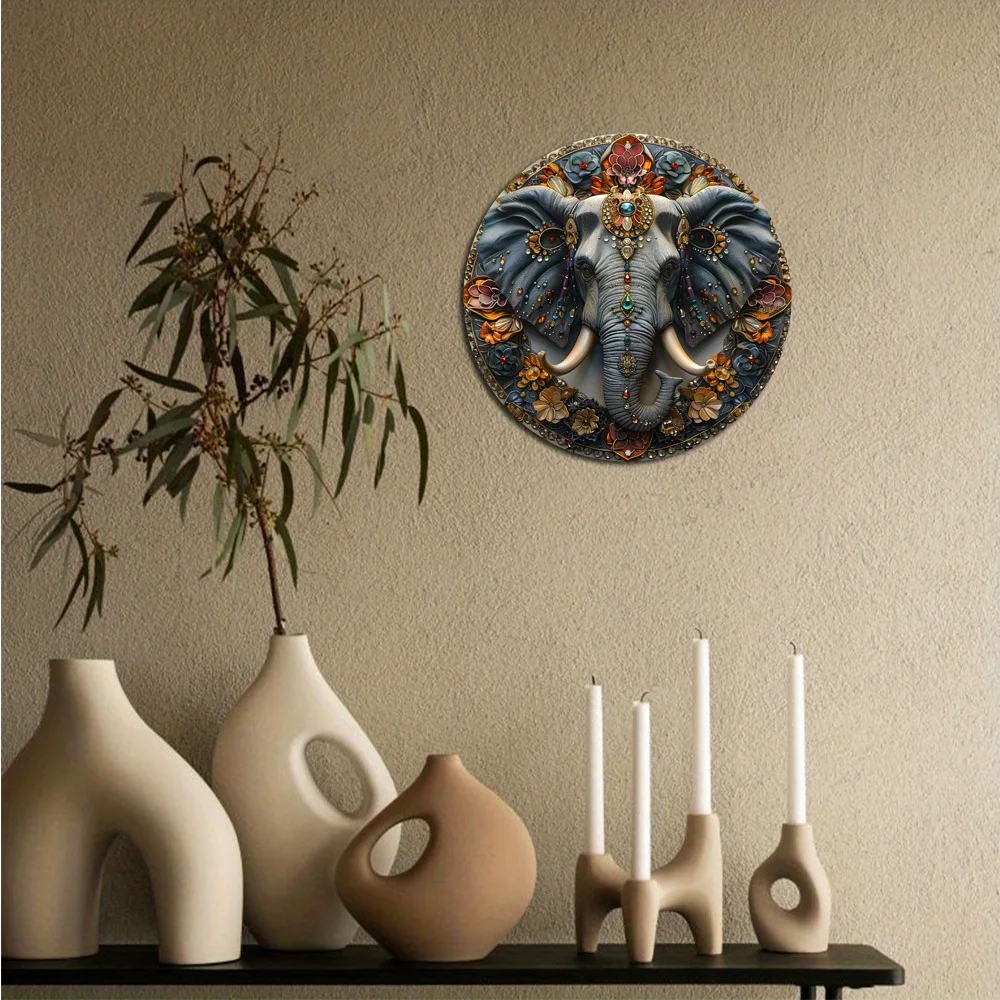 "Intriguing" Charming Elephant Climbing Wreath Sign, Round Aluminum Decor for Home, Living Room, Perfect Gift for Father'S Day image 3
