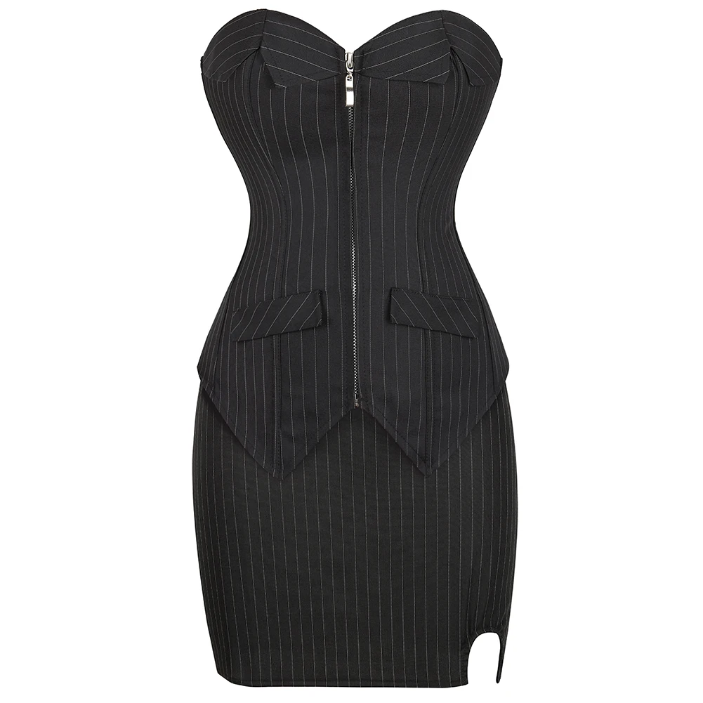 Black Women\'s Office Costume Pinstripe Overbust Corset Basque Top With A Shape Skirt