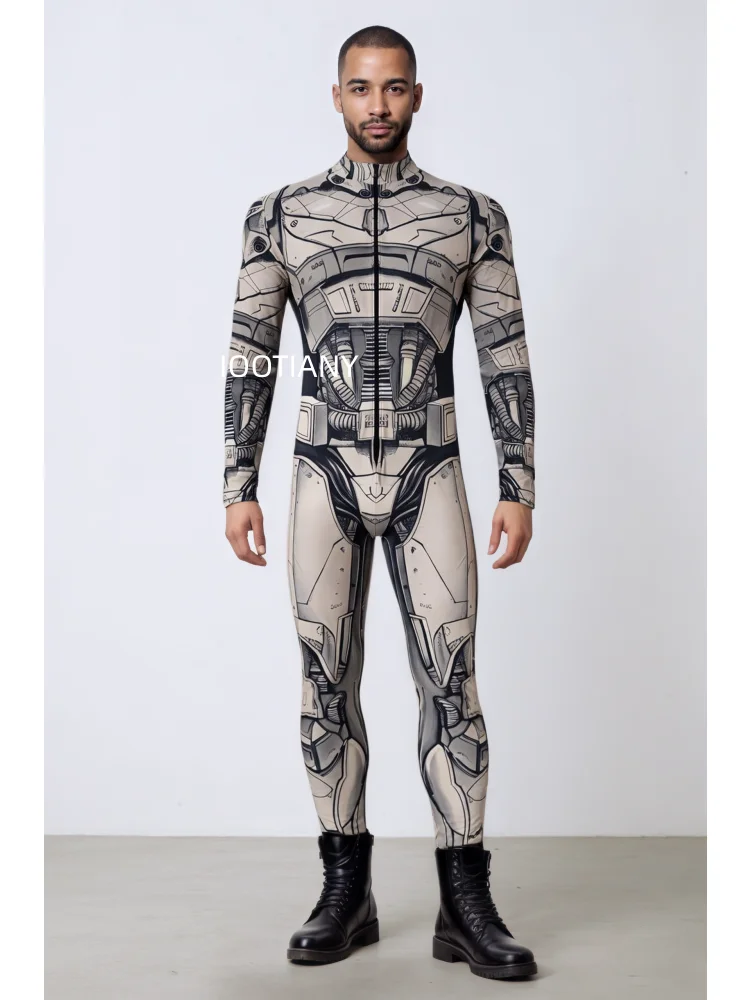 Herren Roboter-Skelett Mechanische Rüstung Bodysuit Hochhals Enger Jumpsuit Halloween Cosplay Futuristisches Party Bühnenkostüm Outfit – Detail 3