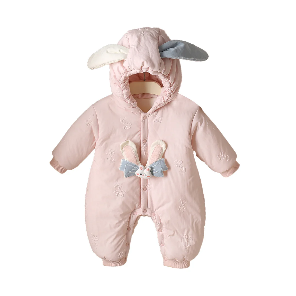 

2025 Winter New Baby jumpsuit Pink Baby Girl Cute Rabbit 3D Ears Super Cute Outerwear with Velvet and Cotton Crawler