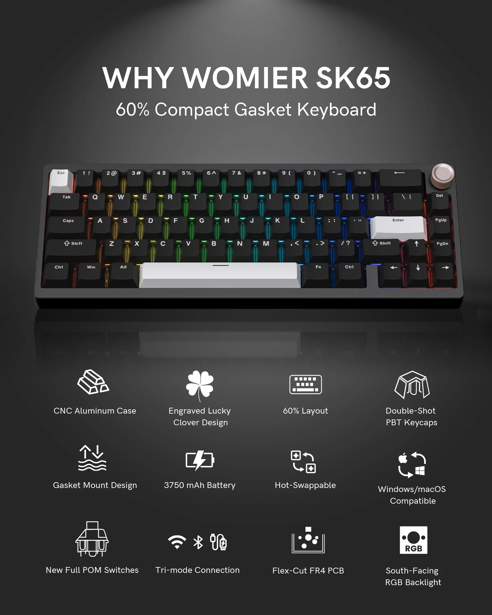 Womier SK65 65% Tri-Mode Aluminum Alloy Shell Black Hot Swap Gaming Mechanical Keyboard RGB Wireless Gasket Mounted Keyboard