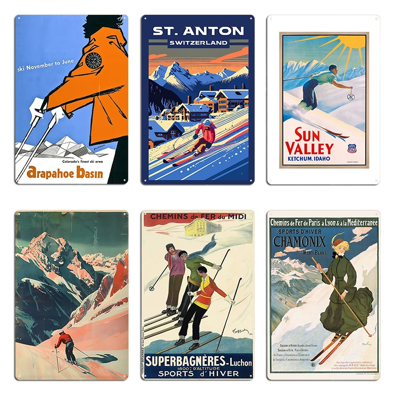 Crans Montana Ski Poster Metal Sign Design Plates Club Bar Wall Pub Crans Montana Ski Mountain Skiing Tin Sign Poster